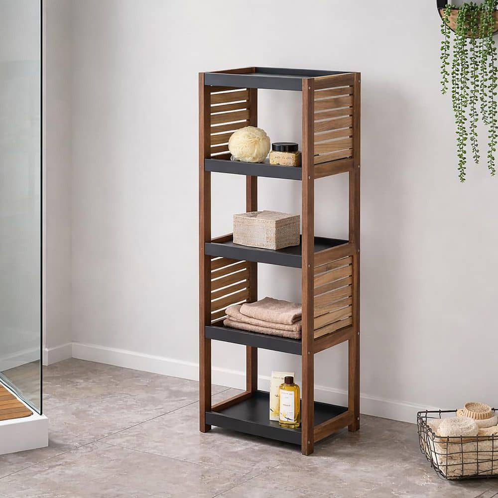 EVIDECO French home goods Elements 14.5 in. W x 11.12 in. D x 42.12 in. H Gray Freestanding Linen Cabinet 5 Tiers in Acacia-Grey (2)