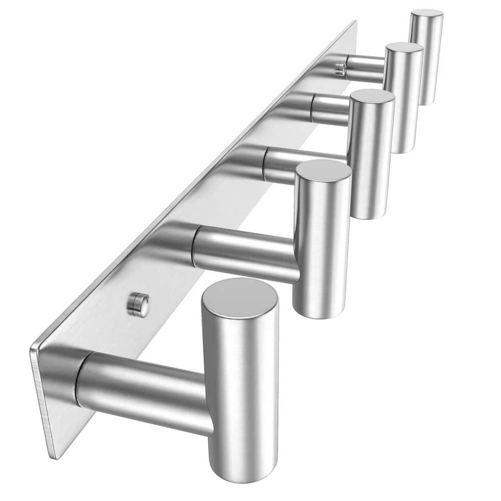 Wudkey T-Shaped J-Hook Coat and Bath Rack 5 Hooks in Silver, Bathroom Towel Hanger Organizer, Easy to Install, Wall Mount (1)