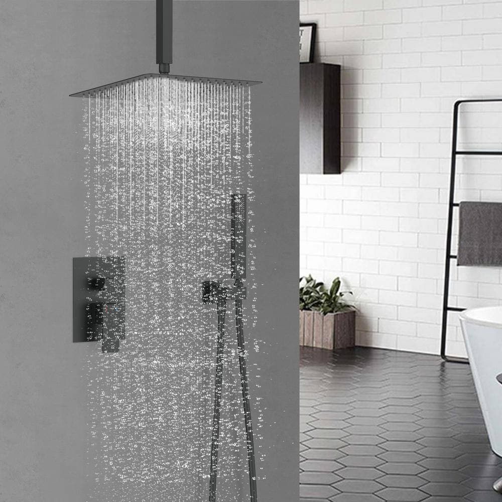 GIVING TREE Single Handle 2-Spray Square Ceiling Mount Shower Faucet with 12 in. Hand Shower in Matte Black (Valve Included) (3)