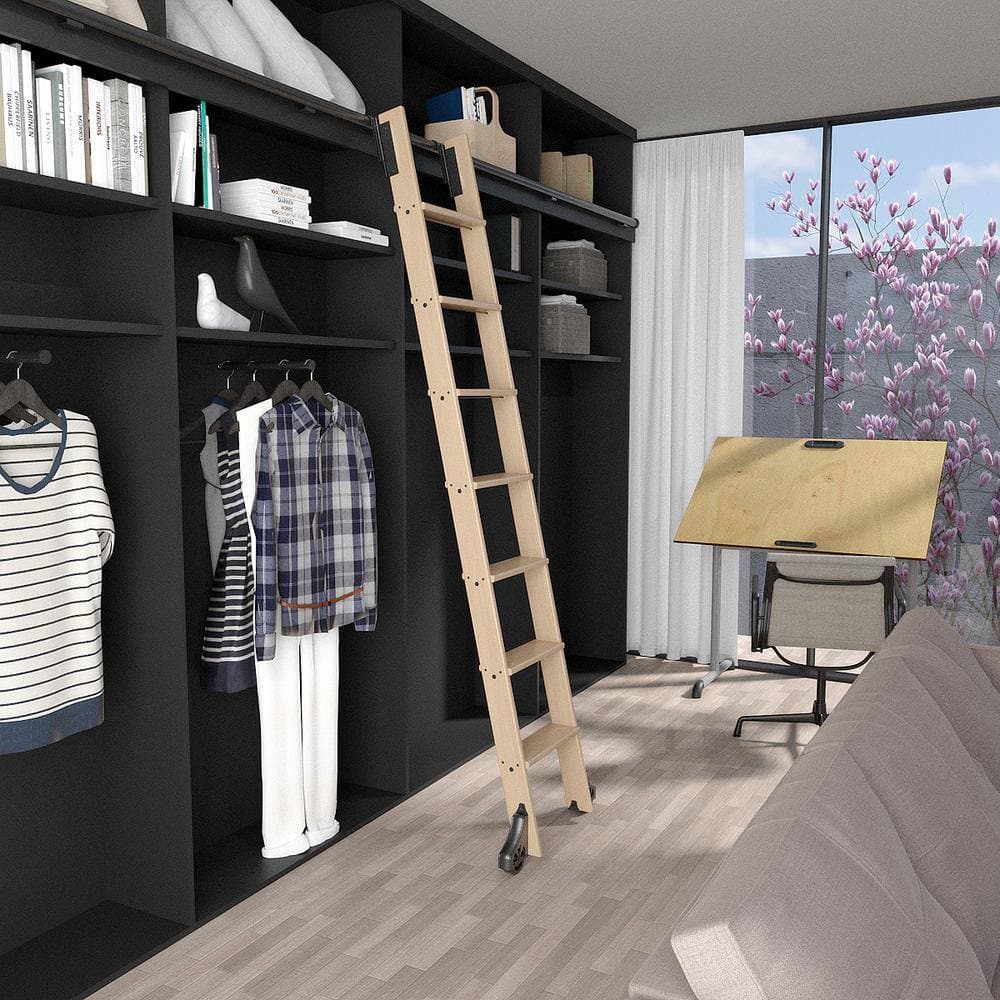 MEADOW LANE 92 in. Clear Pre-Finished Maple Library Ladder (104 in. Reach) Black Top Hook Ladder Kit with 12 ft. Rail (1)