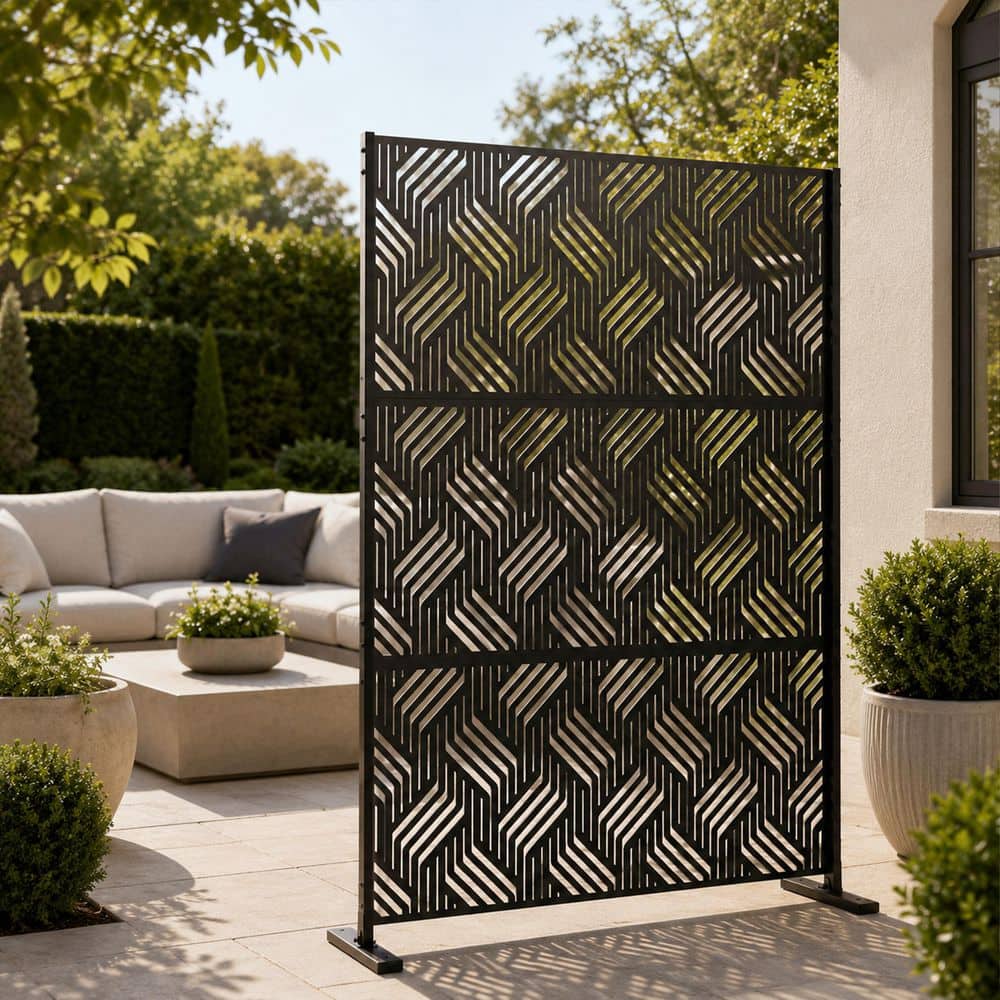 KOZYARD Powder Coated Galvanized Steel Privacy Screen 74 in. H x 47.2 in. W Decorative Fence with Stand (Black Iron Weave)
