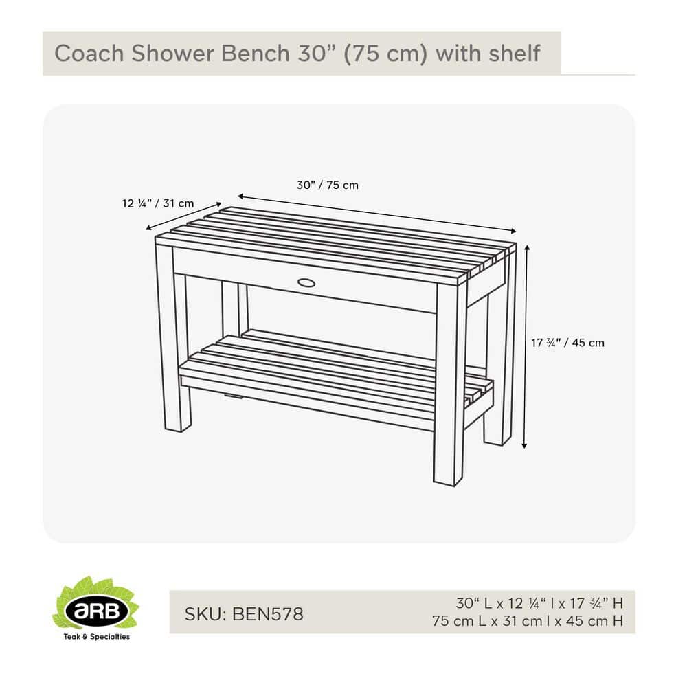 ARB Teak and Specialties Coach 30 in. W x 12.25 in. D x 17.75 in. H Flat Shower Seat with Shelf in Natural Teak (3)