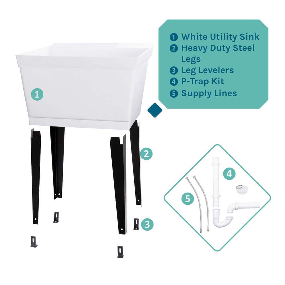 TEHILA 22.875 in. x 23.5 in. White 19 gal. Thermoplastic Utility Sink Kit with Black Metal Legs, P-Trap and Supply Lines (2)