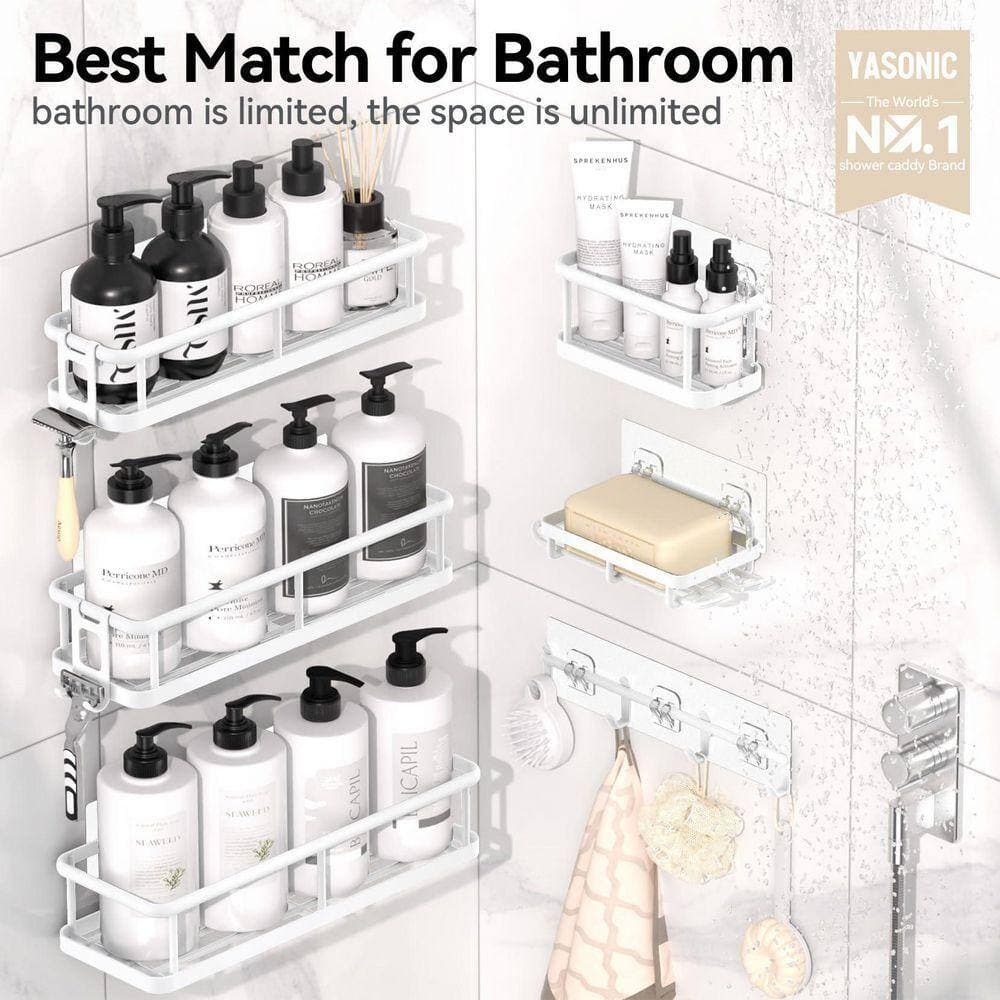 Unbranded 12.7in L 2.6in H Metal Adhesive Mount Shower Shelf in White Large Capacity Rustproof with Soap Holder and Hooks 6 Pack (2)