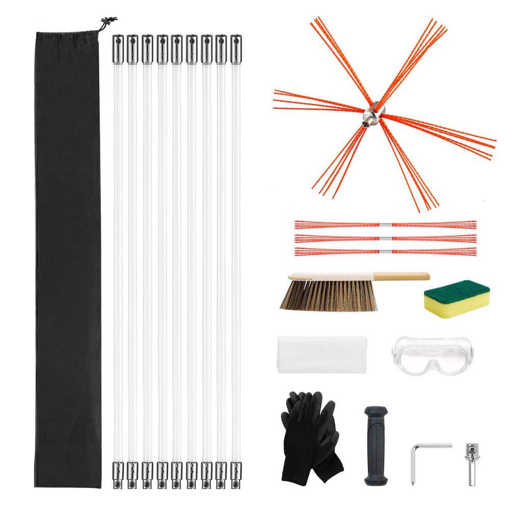 SKYSHALO Chimney Sweep Kit, 14-Piece 90° Cleaning Tool, 30 ft. Maximum Length, Cleaning Kit with Bristle Replacements & Goggles (1)