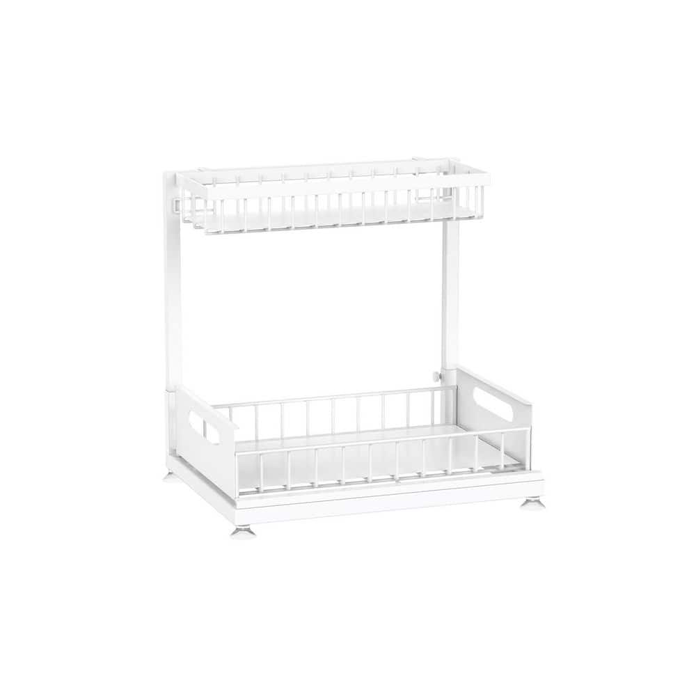 Numhew 2 Pack 2-Tier L-Shaped Under Sink Organizer, Pull Out Metal Kitchen Cabinet Organizer with Sliding Storage Drawer, White