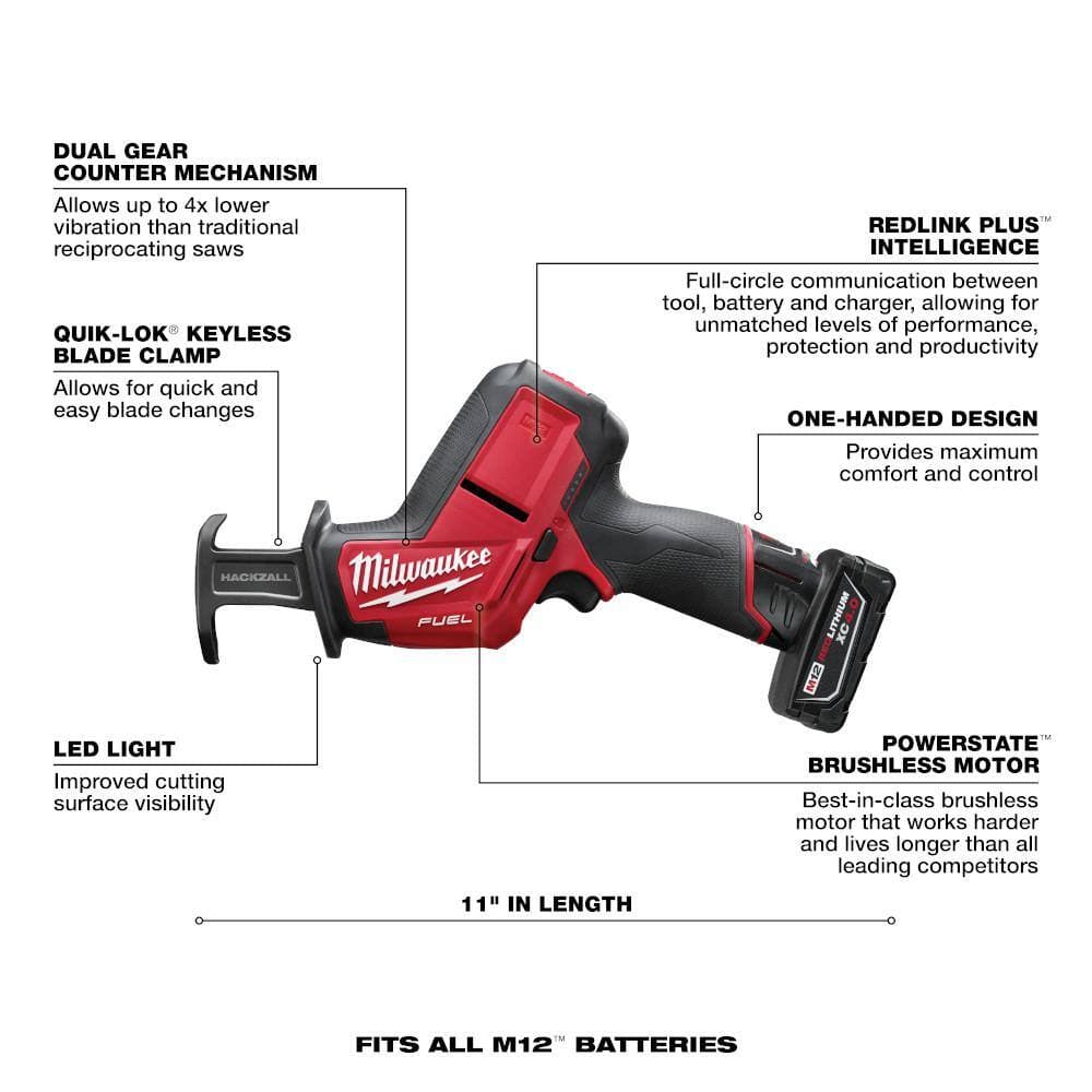 Milwaukee M12 FUEL 12V Lithium-Ion Brushless Cordless HACKZALL Reciprocating Saw Kit w/ One 4.0Ah Batteries Charger, Bag,&Inflator (3)