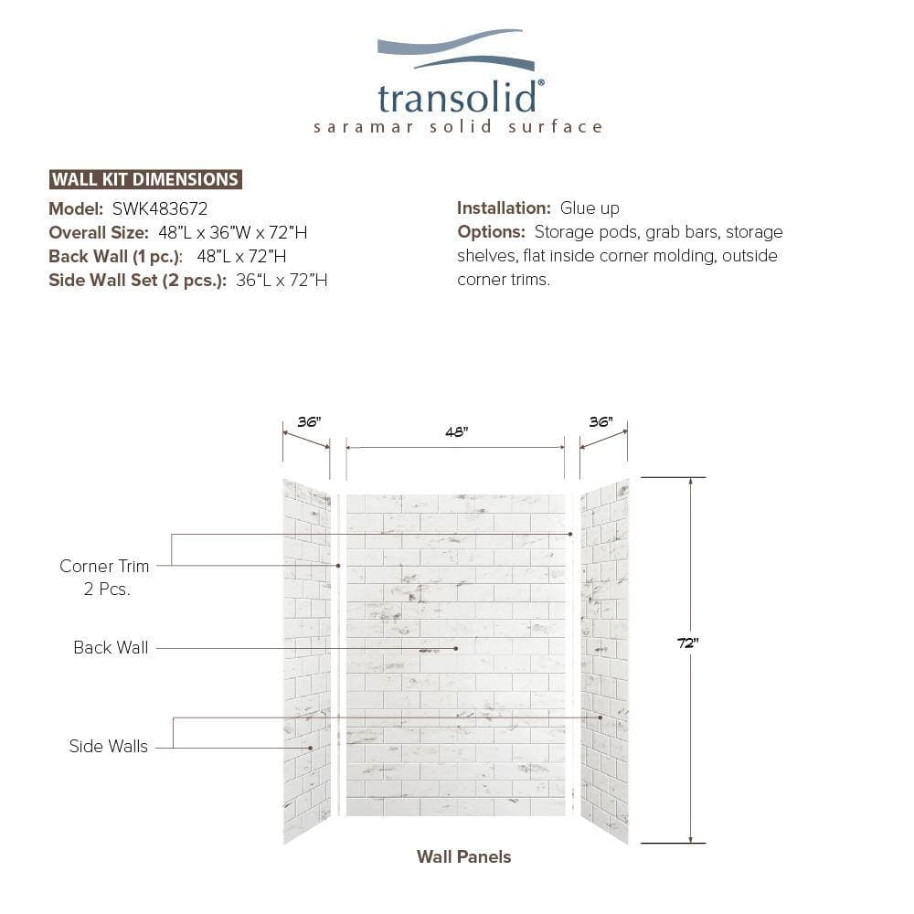 Transolid SaraMar 36 in. x 48 in. x 72 in. 3-Piece Easy Up Adhesive Alcove Shower Wall Surround in White Venito (3)
