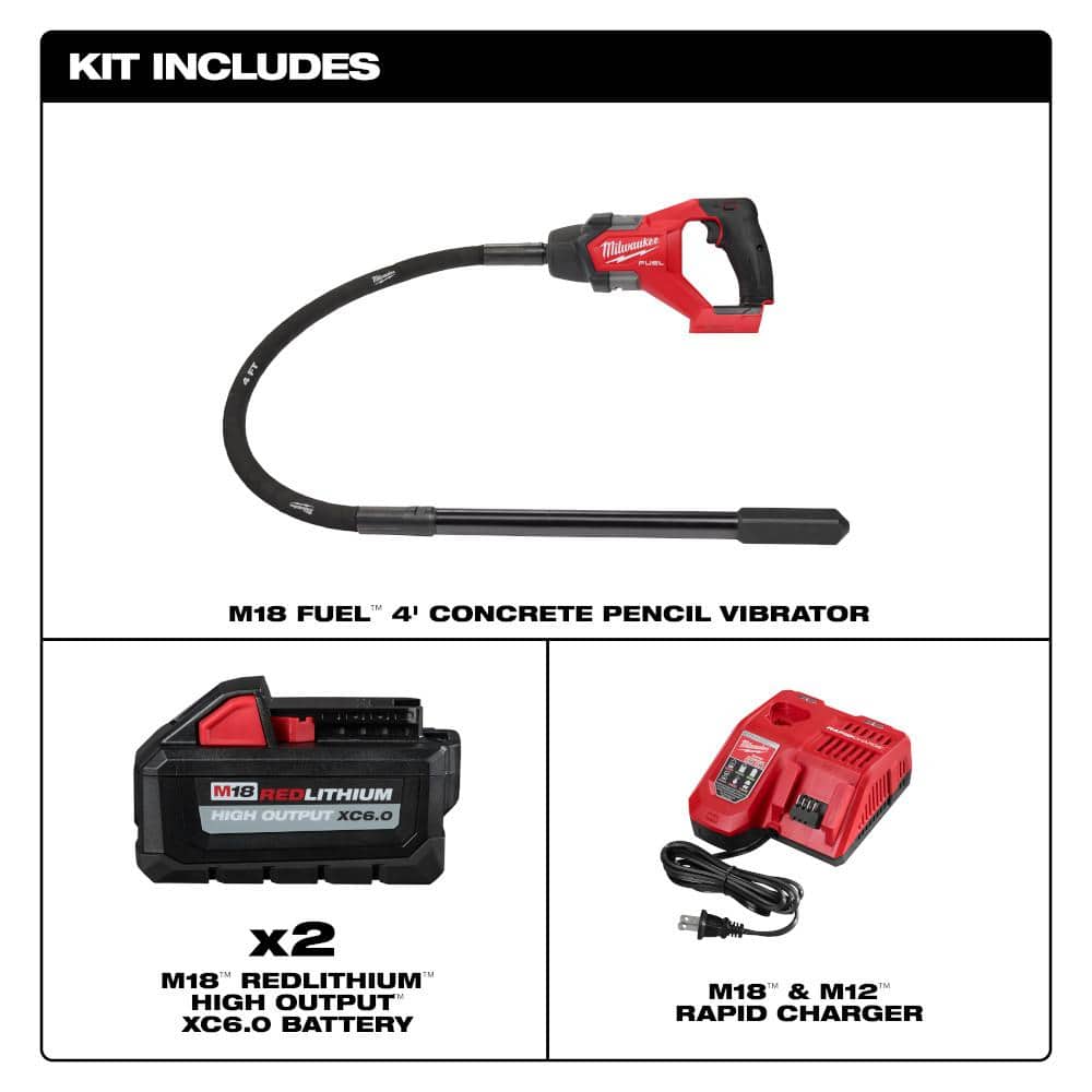 Milwaukee M18 FUEL 18V Lithium-Ion Brushless Cordless 4 ft. Concrete Pencil Vibrator Kit with (2) 6.0 Ah Battery (2)