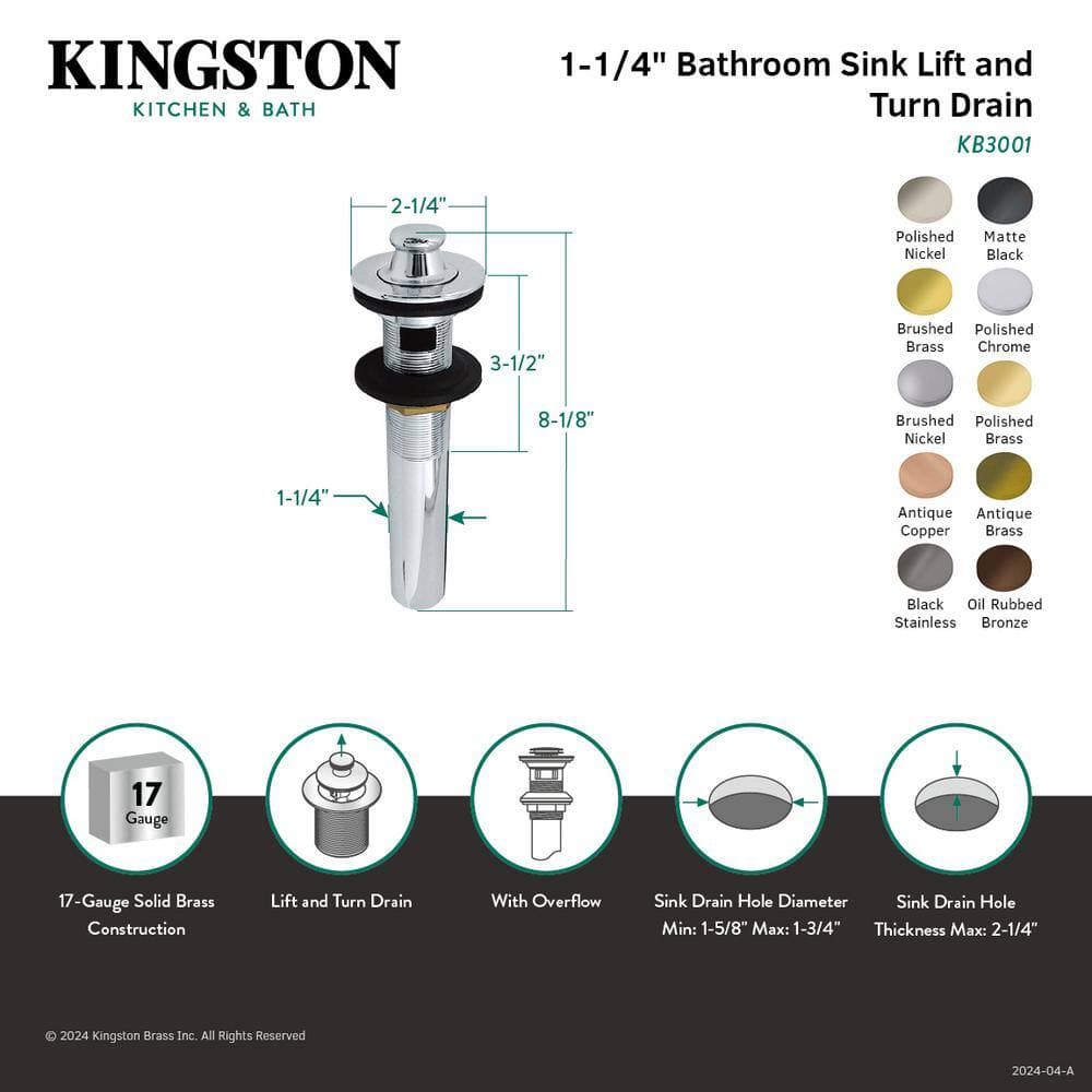Kingston Brass Fauceture 17-Gauge Lift and Turn Bathroom Sink Drain with Overflow (2)