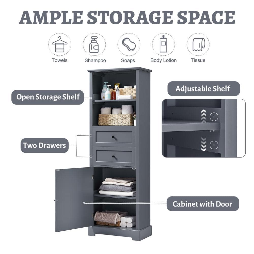 Unbranded 11.81 in. W x 22.24 in. D x 66.14 in. H Gray Linen Cabinet Wood Cabinet with 2-Drawers, Open Storage, Adjustable Shelf (3)