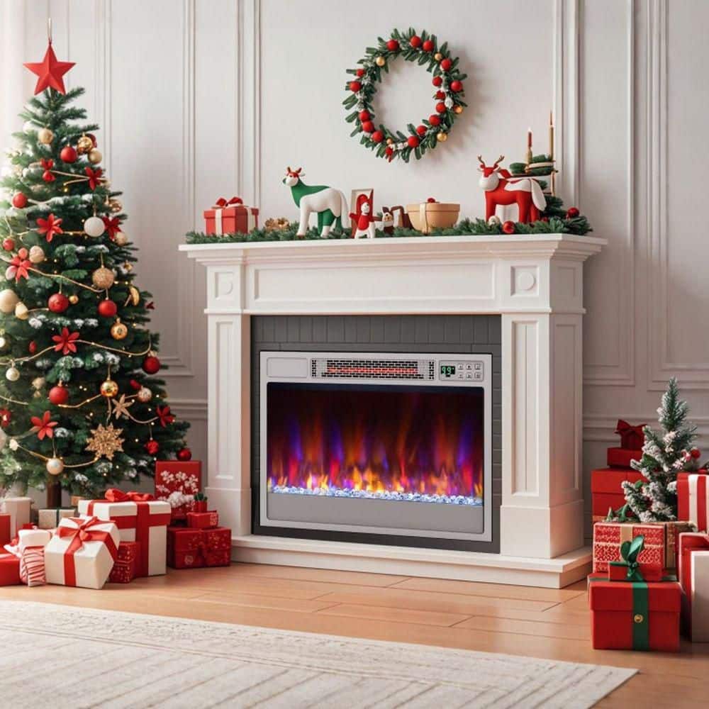 Clihome 23 in. Infrared Quartz Electric Fireplace Insert Heater with 6 Flame Colors, Thermostat, Remote, and Child Lock, Sliver (2)
