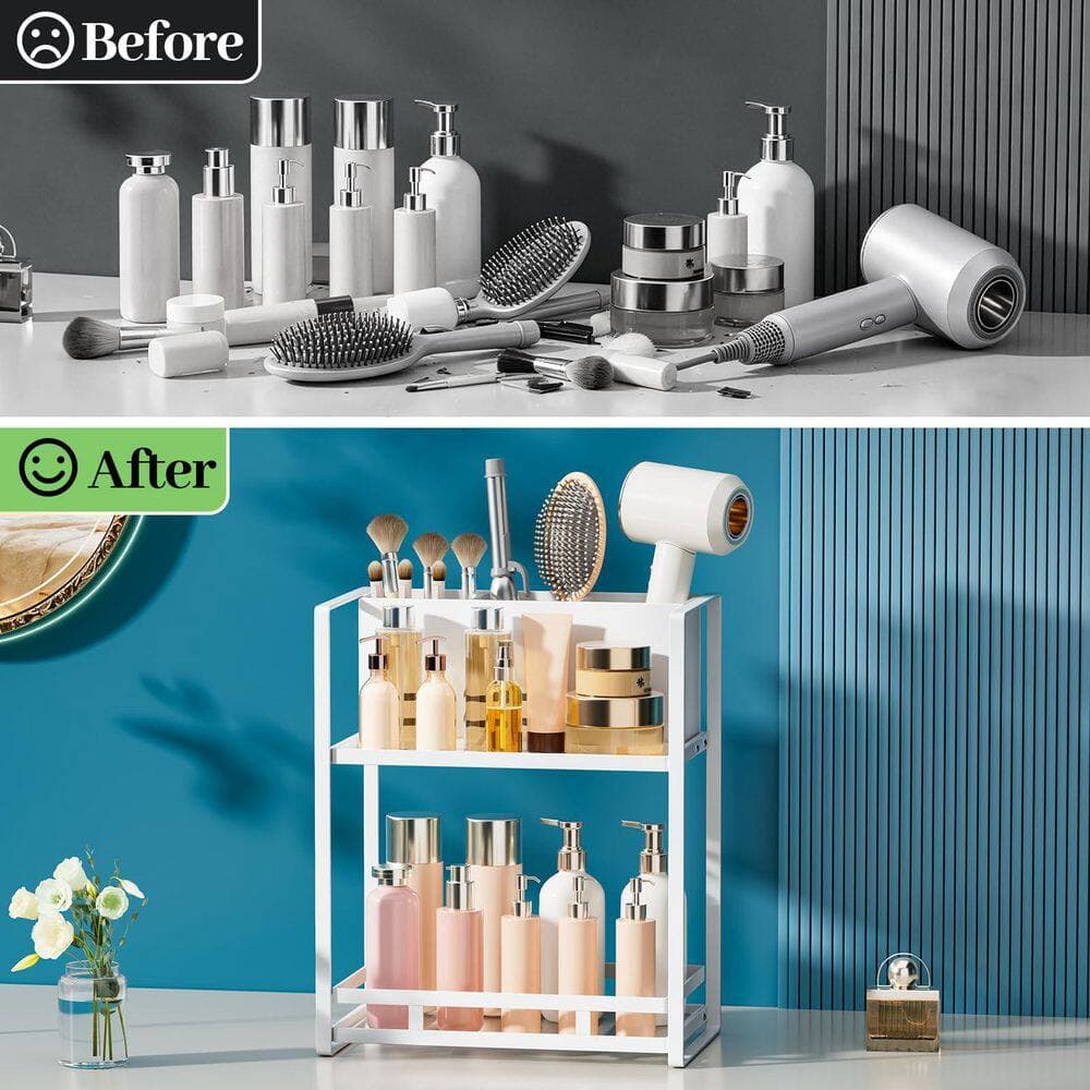 Anqtovp Marble White 11.42 in. Countertop 2-Tier Hair Tool Organizer with Blow Dryer Holder in White Metal for Bathroom Vanity (2)