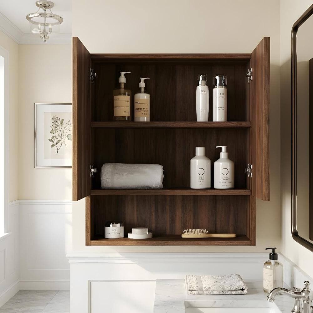 Zuvandra 25.98"W x 7.87"D x 29.53"H Plywood Bathroom Wall Cabinet in Dark Walnut,Open Shelf (3)