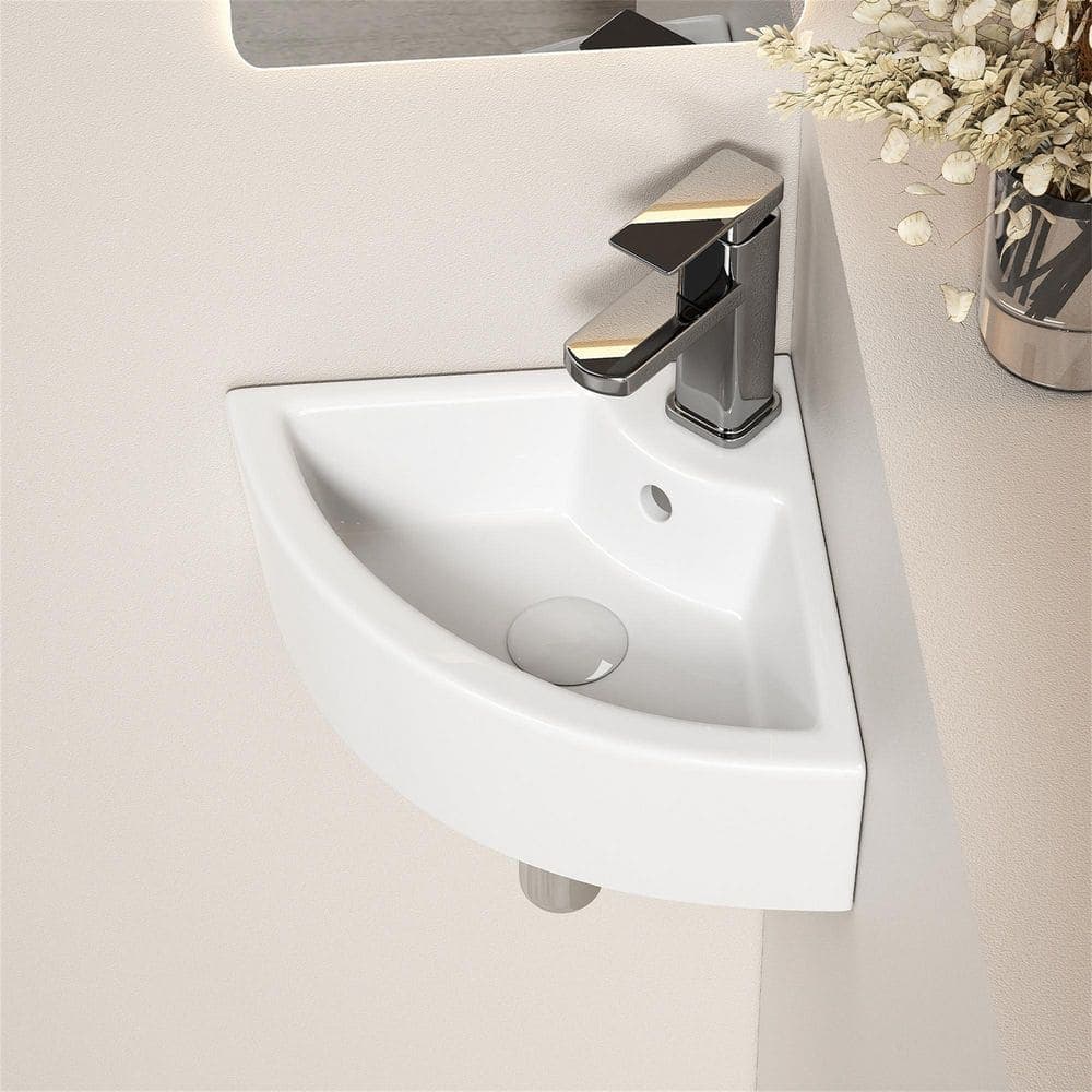 LUXSHERY 17.13 in Wall-Mounted Triangle Corner Bathroom Sink in White,Space-Saving Design for Small Bathroom(Faucet Not Included) (3)