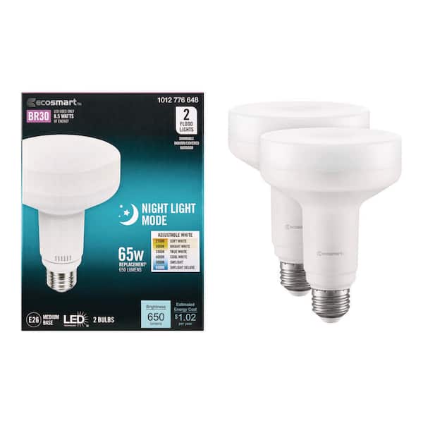 EcoSmart 65-Watt Equivalent BR30 Dimmable LED Flood Light Bulb Adjustable Base and Night Light 6CCT (2-Pack)