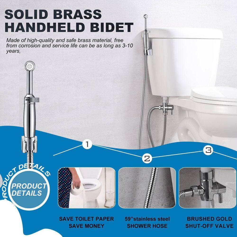 Wudkey Chrome 7.2 in. Brass Handheld Bidet Sprayer, All Metal Wand with Backflow Preventer, Adjustable Spray for Toilet (2)