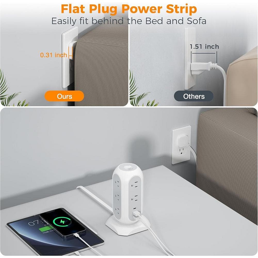 Yichuhaoxi Tower Power Strip Flat Plug 6 ft. with 11 Outlets 3 USB Surge Protector Tower Protection with Multiple Outlets (2)