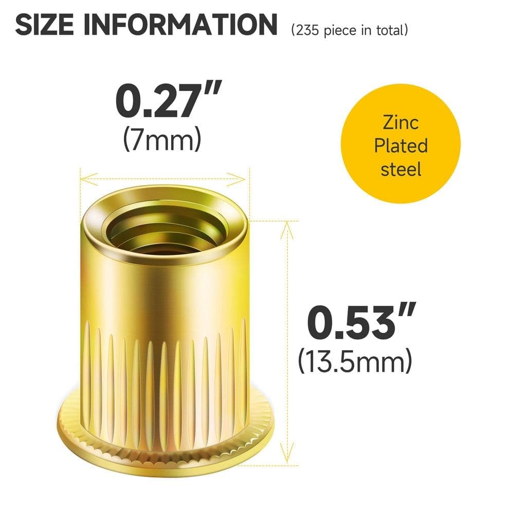 MYWISH #10-24 Specialty Fastener Zinc-Plated Carbon Steel Rivet Nut Threaded Inserts for Wood and Metal,Knurled Body (200-Pack) (2)