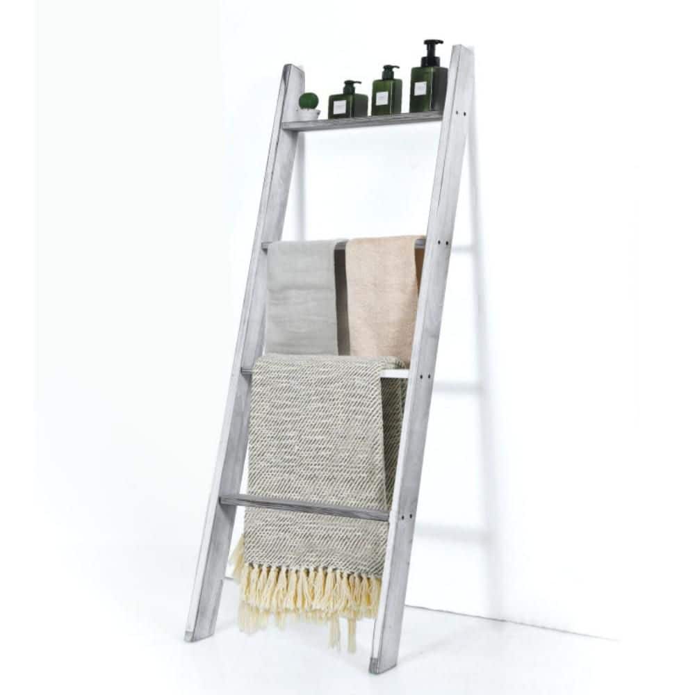 Numhew 4-Tier Blanket Ladder Bath Accessory in Gray, Pine Wood Construction with Non-Slip Base, Stable Design for Towels, Decor (1)