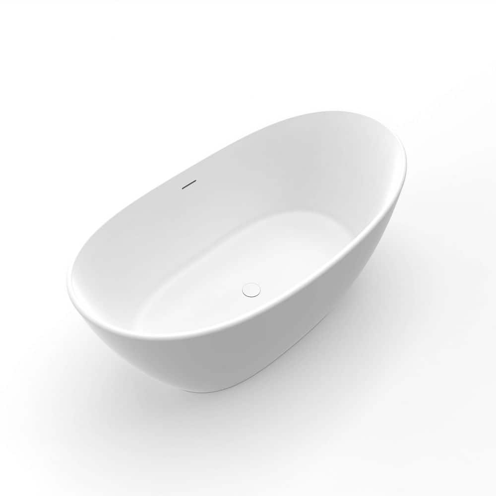 LIVACA 61.02 in. x 31.50 in. Flat Bottom Solid Surface Freestanding Soaking Bathtub with Center Drain in Matte White (3)