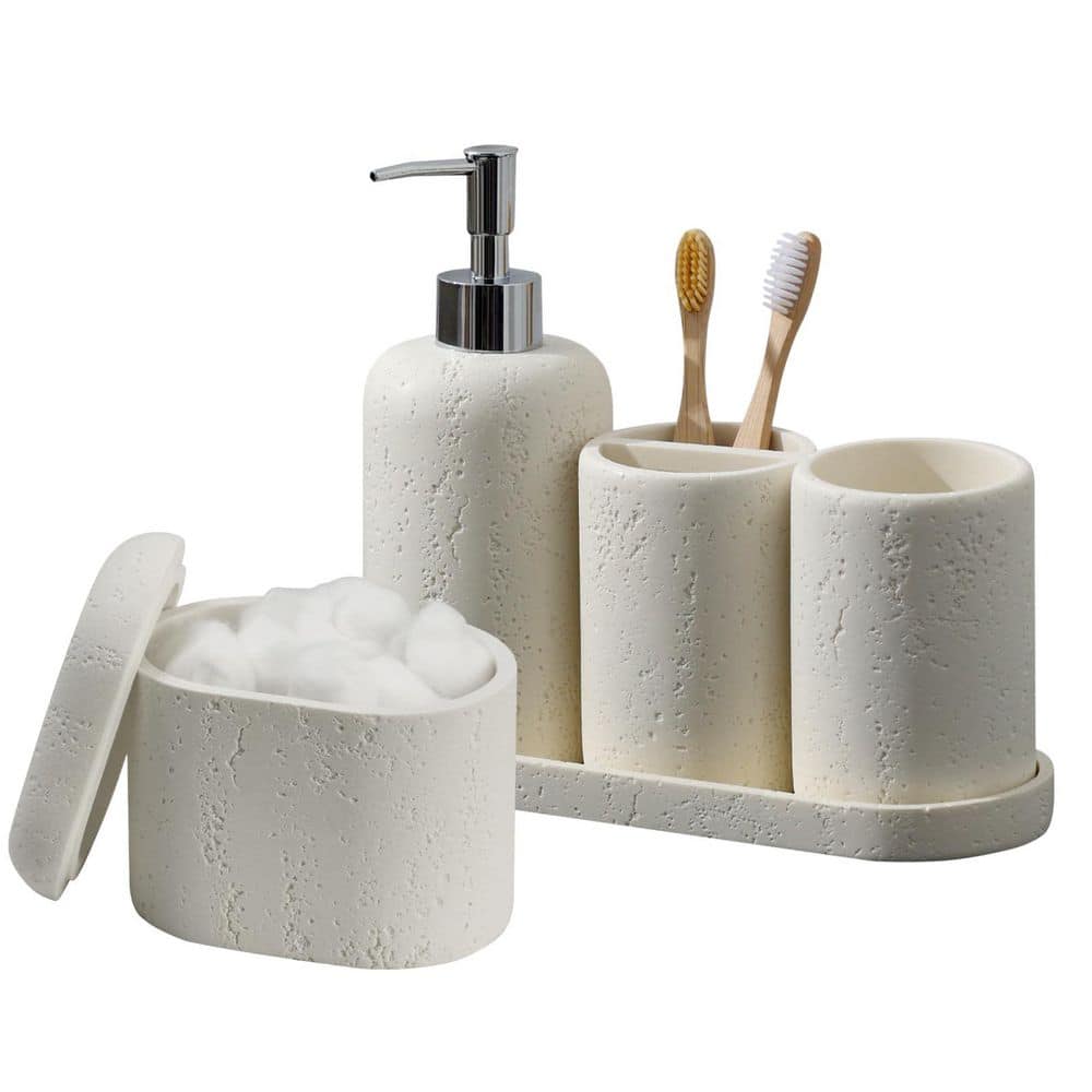 Wudkey 5-Piece Bathroom Accessory Set with Soap Dispenser, Mouthwash Cup and Toothbrush Holder, Qtip Holder and Tray in Cream (3)