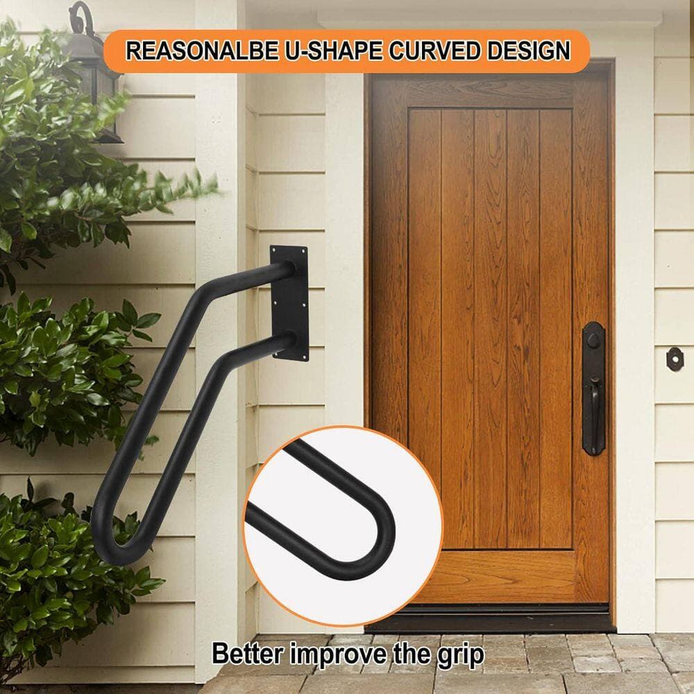 Afoxsos 1 Iron U-Shaped Wall Mount Handrail Outdoor Grab Bar for 1-3 Steps Matte Black Durable Easy Install 1 Piece (3)