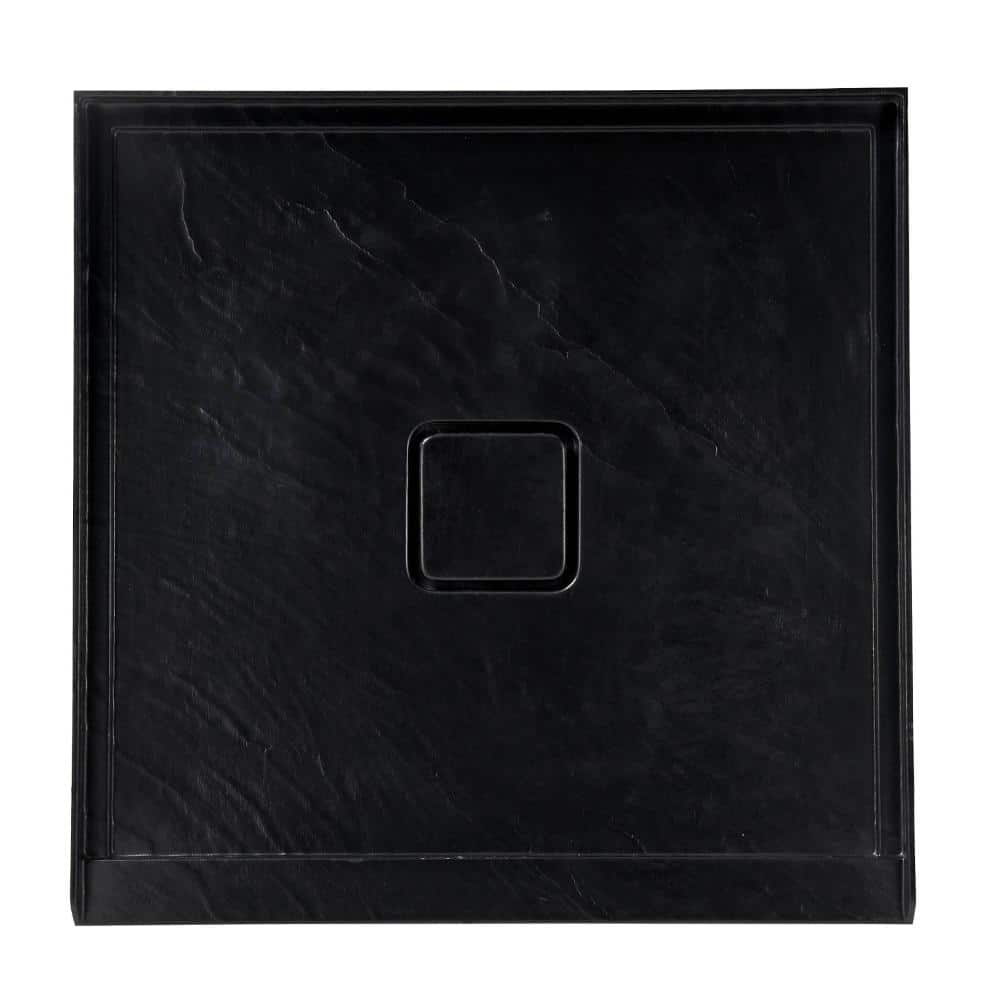 Unbranded 36 in. x 36 in. Square Alcove Shower Base, Single Threshold, Textured Black Slate, Slip-Resistant with Center Drain