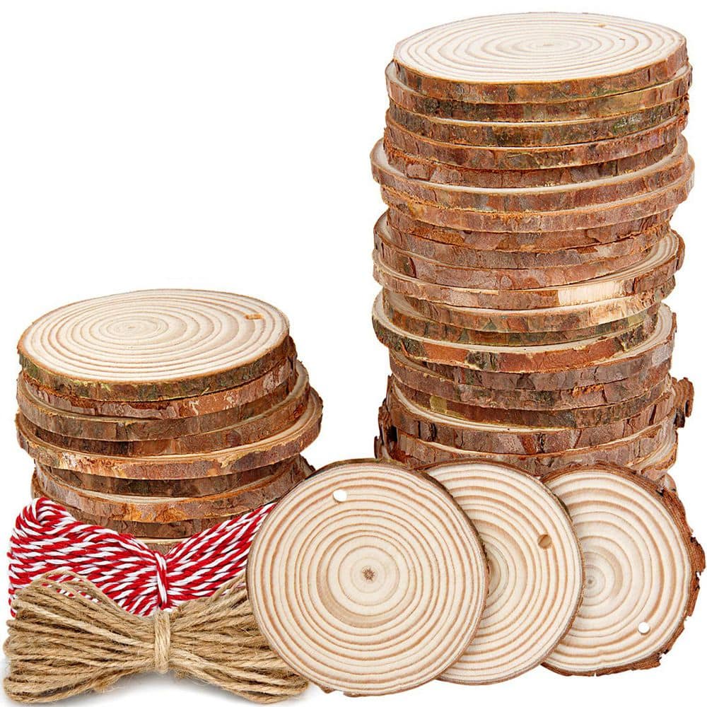 Afoxsos 0.2 in. x 2.4 in. x 2.8 in. Natural Wood Circles with Holes DIY Craft Project Panel (50-Pack) (1)