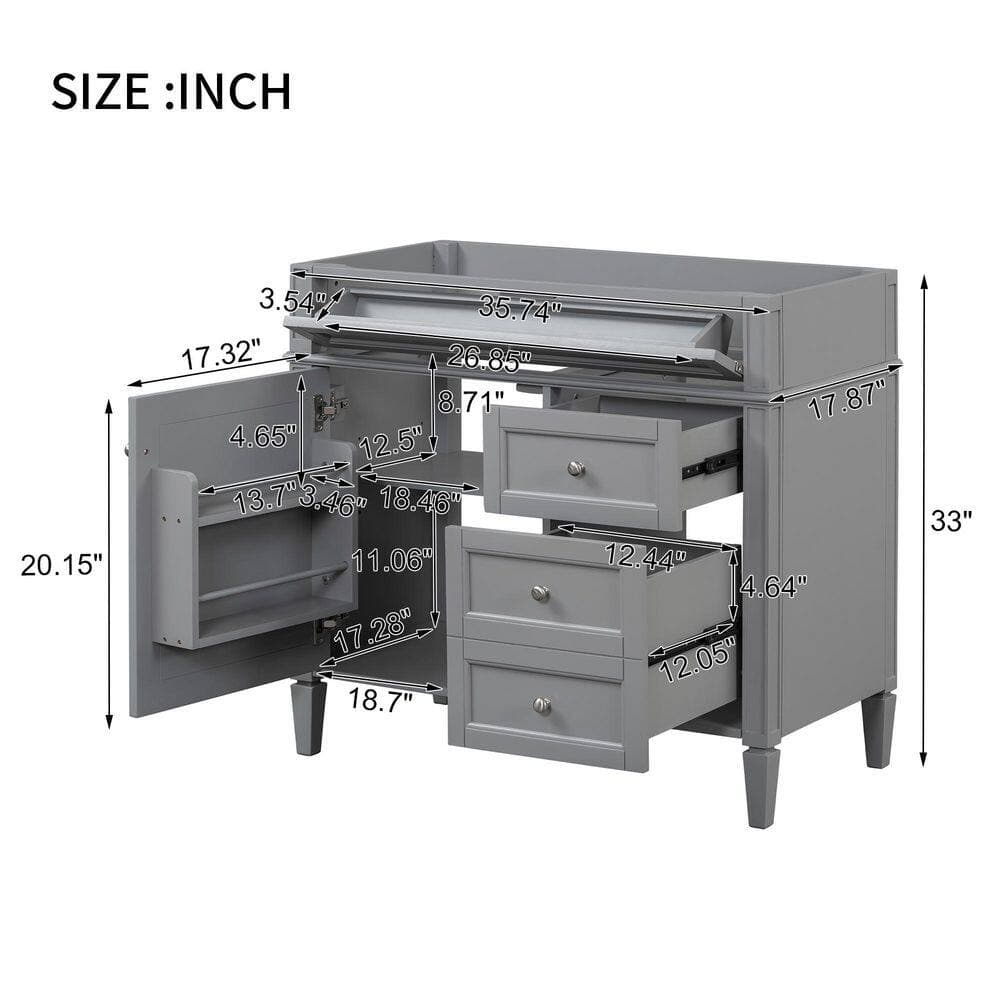 Buruis 35.7 in. Bath Vanity Cabinet without Top in Gray with 2 Drawers and a Tip-out Drawer, Basin Not Included (2)