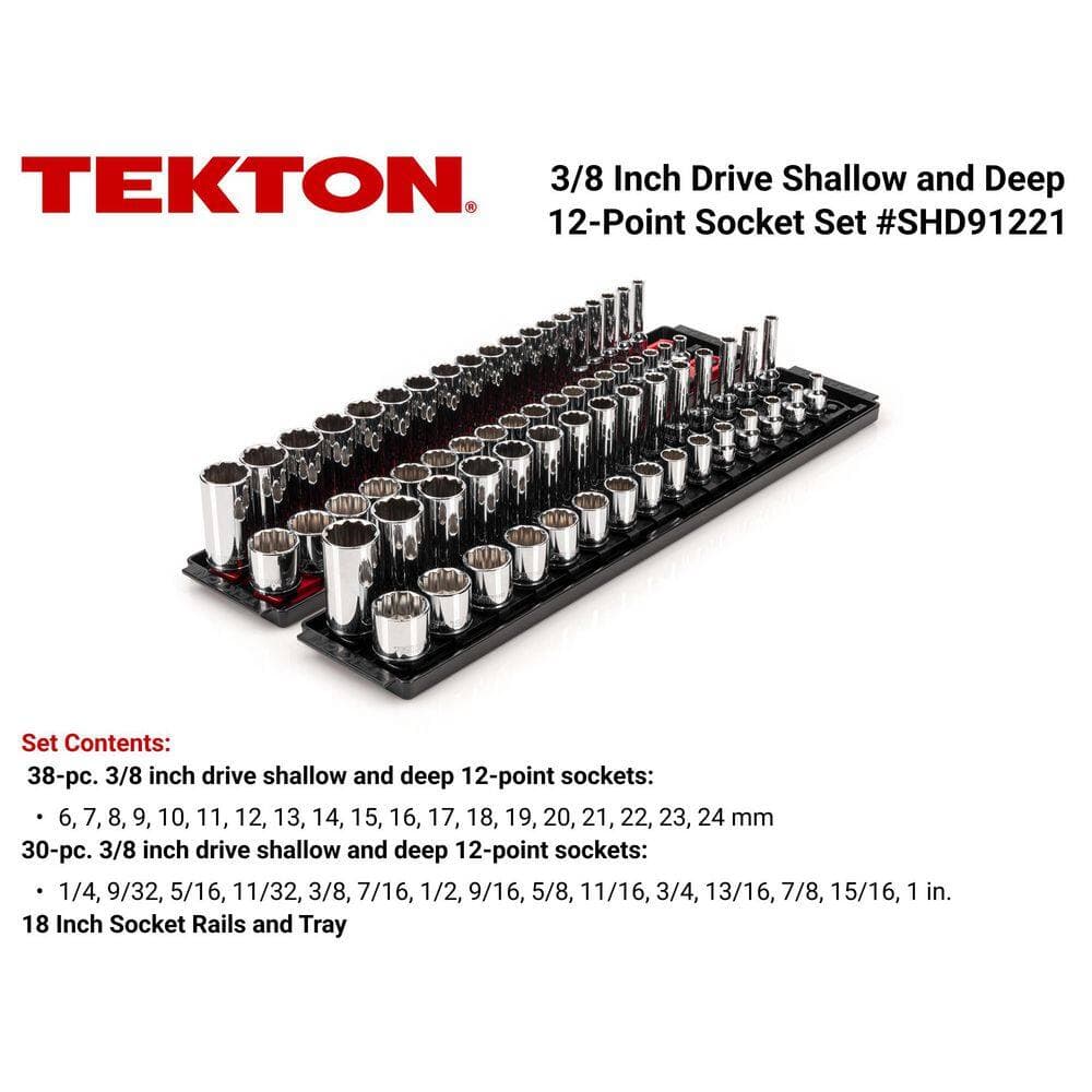 TEKTON 3/8 in. Drive 12-Point Socket Set with Rails (1/4 in.-1 in., 6 mm-24 mm) (68-Piece) (2)