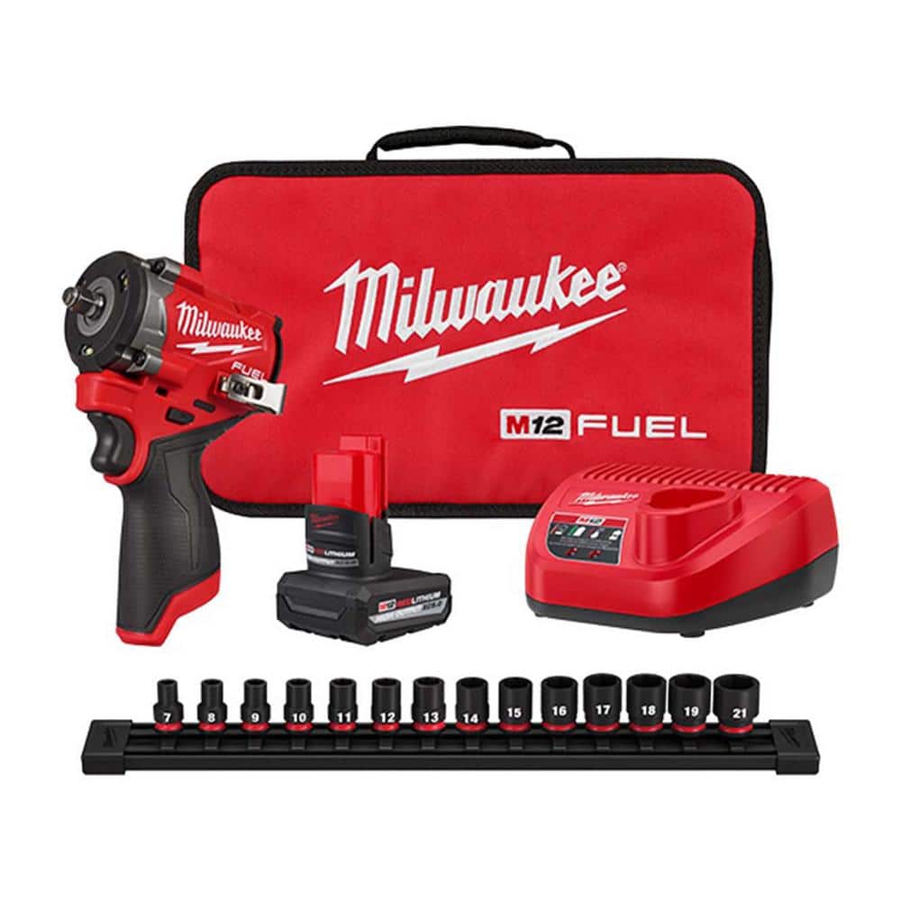 Milwaukee M12 FUEL 12V Lithium-Ion Brushless Cordless Stubby 3/8 in. Impact Wrench Kit with SHOCKWAVE Impact Socket Set (14-Piece) (1)