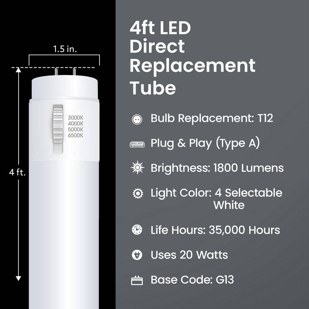 Feit Electric 20-Watt 4 ft. T12 G13 Type A Plug and Play Linear LED Tube Light Bulb Adjustable White 3000K,4000K,5000K,6500K (10-Pack) (3)