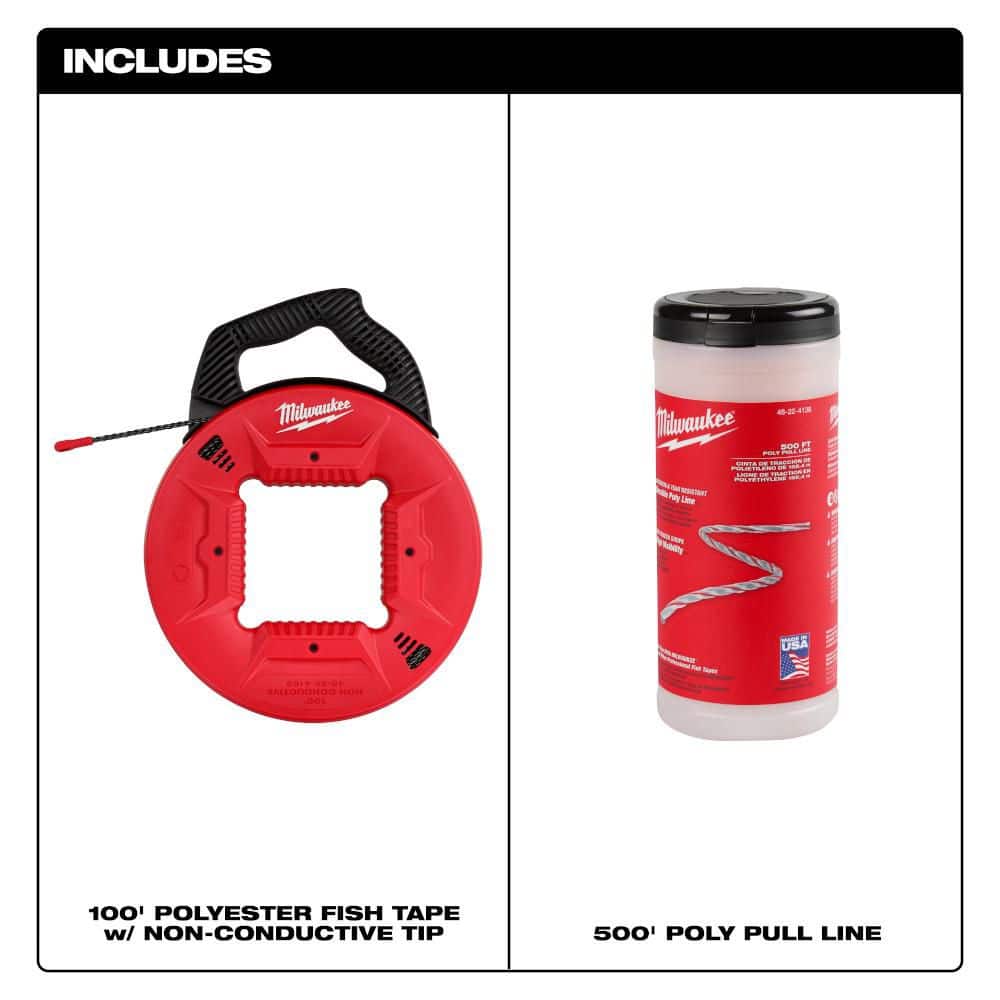 Milwaukee 100 ft. Polyester Fish Tape with Non-Conductive Tip with Poly Pull Line with Red Tracer (2)