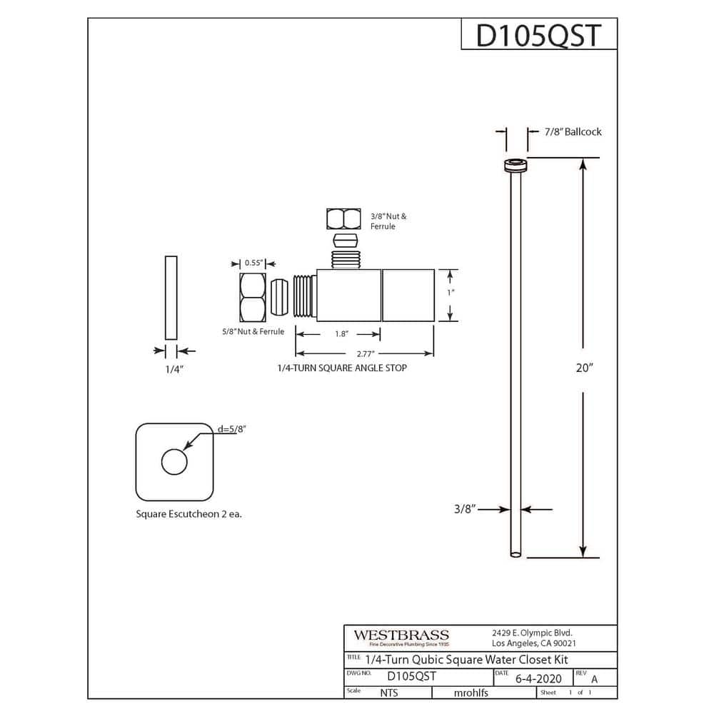 Westbrass 5/8 in. 3/8 in. OD Flat Head Toilet Supply Line Kit with Square Handle 1/4-Turn Angle Stop (2)