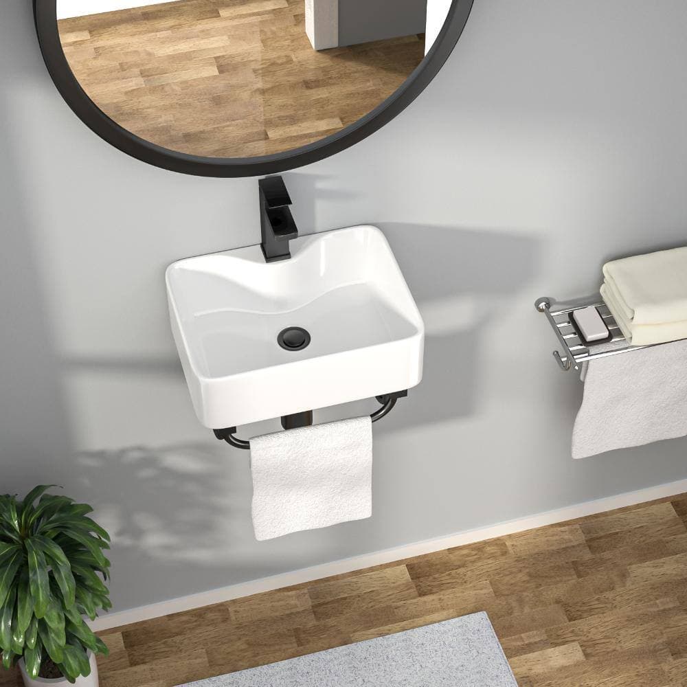 Kichae 16 Inch White Ceramic Wall Mounted Small Rectangular Bathroom Sink with Black Bracket and Faucet Hole (3)