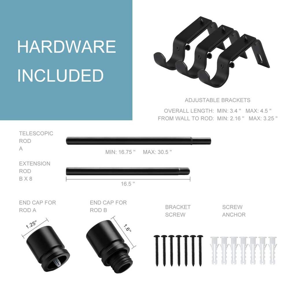 NVNOO 16 to 144 in. Adjustable Length 1 in. Diameter Window Curtain Rod with Aluminium End Cap, Black (2)