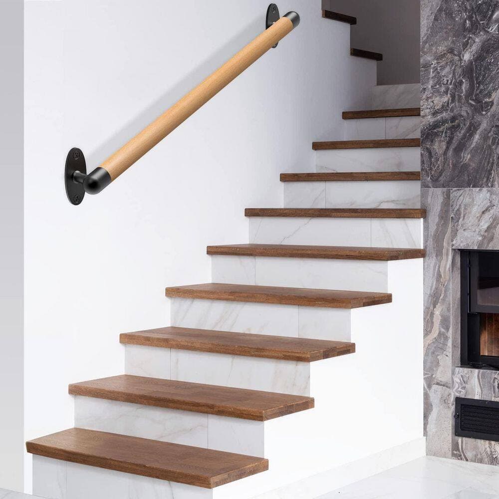 Unbranded 2.1 ft. Brown Beech Wood Handrail with Metal Brackets Indoor Staircase Safety Grab Bar Round Edge Design (2)