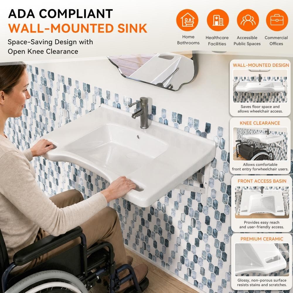 CRENRIDGE VELRO 29.5 in. Accessible Wall Mounted Ceramic Bathroom Sink with Grab Handles Wheelchair White  Lavatory SInk (3)