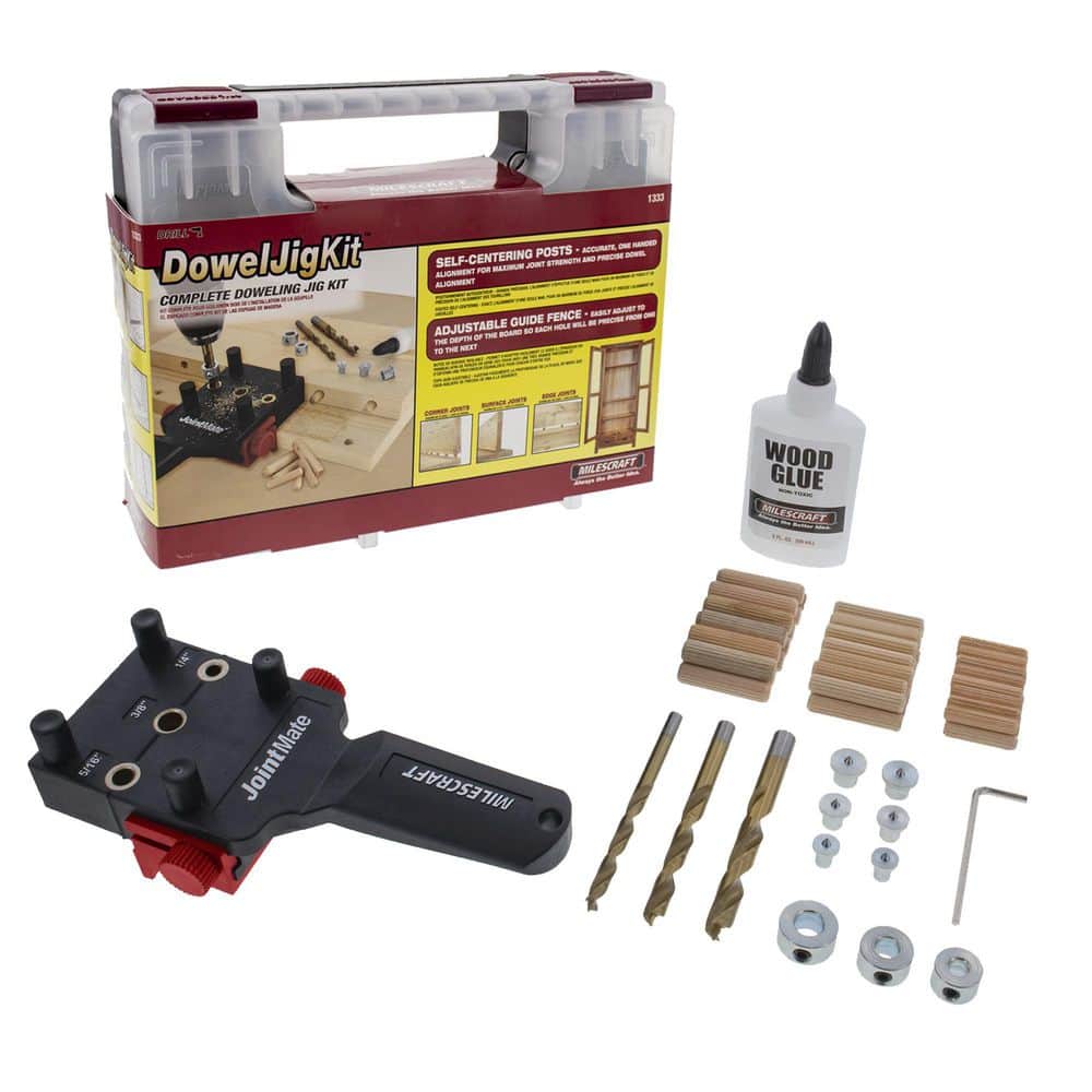 Milescraft Dowel Jig Kit 1/4 in. 5/16 in. 3/8 in. Complete Doweling Jig Kit Includes Dowel Pins, Drill Bits, Depth Stops, Glue