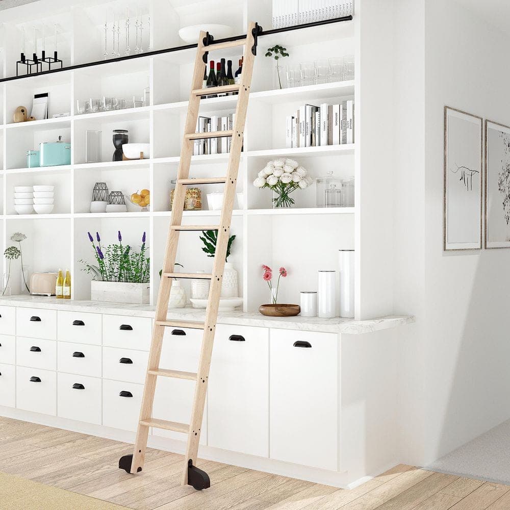 Quiet Glide 8.92 ft. Maple Library Ladder (10 ft. Reach) Black Modern Rolling Hook Hardware 12 ft. Rail and Horizontal Brackets (1)
