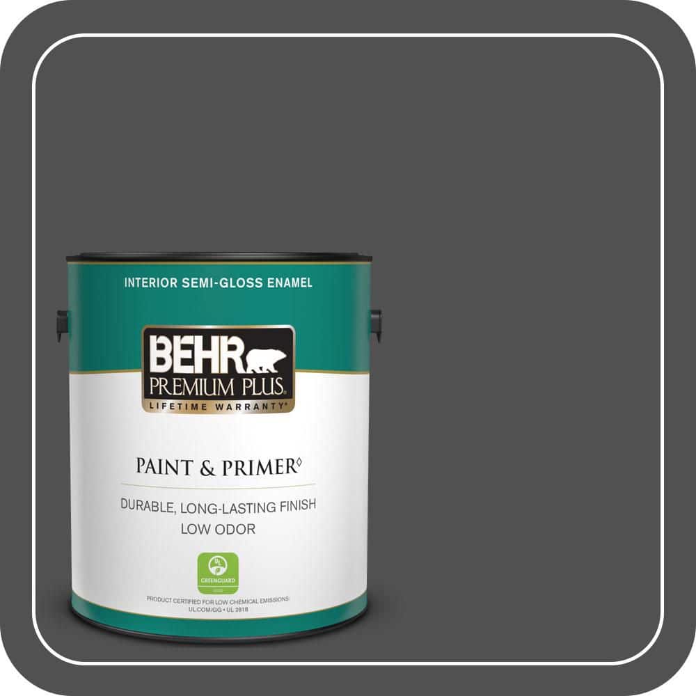 BEHR PREMIUM PLUS 1 gal. #N460-7 Space Black Semi-Gloss Enamel Low Odor Interior Paint & Primer