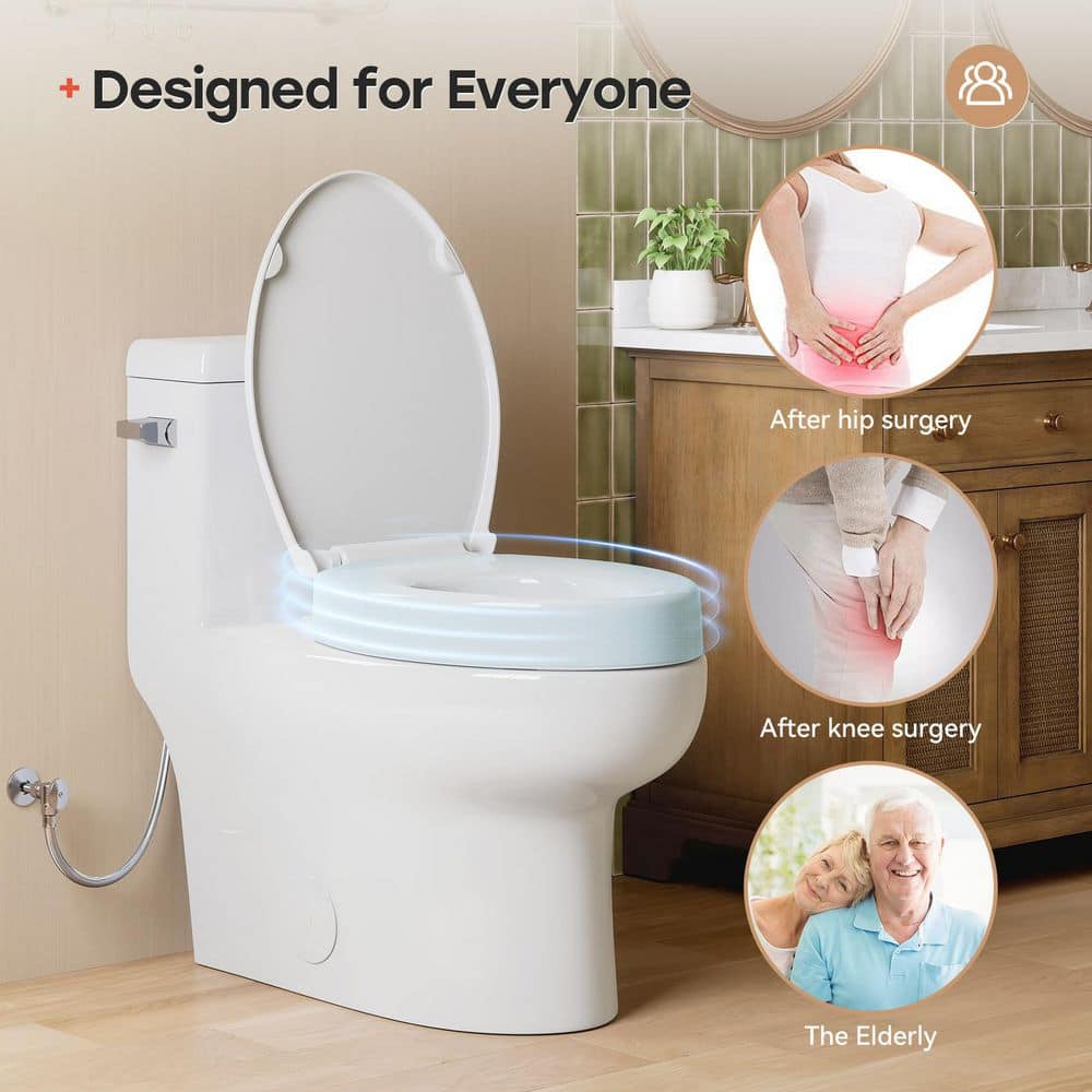HOROW (1-Piece) 1.28 GPF Single Flush Compact Elongated Toilet in White with 3 in. Toilet Seat Riser with Lid (3)