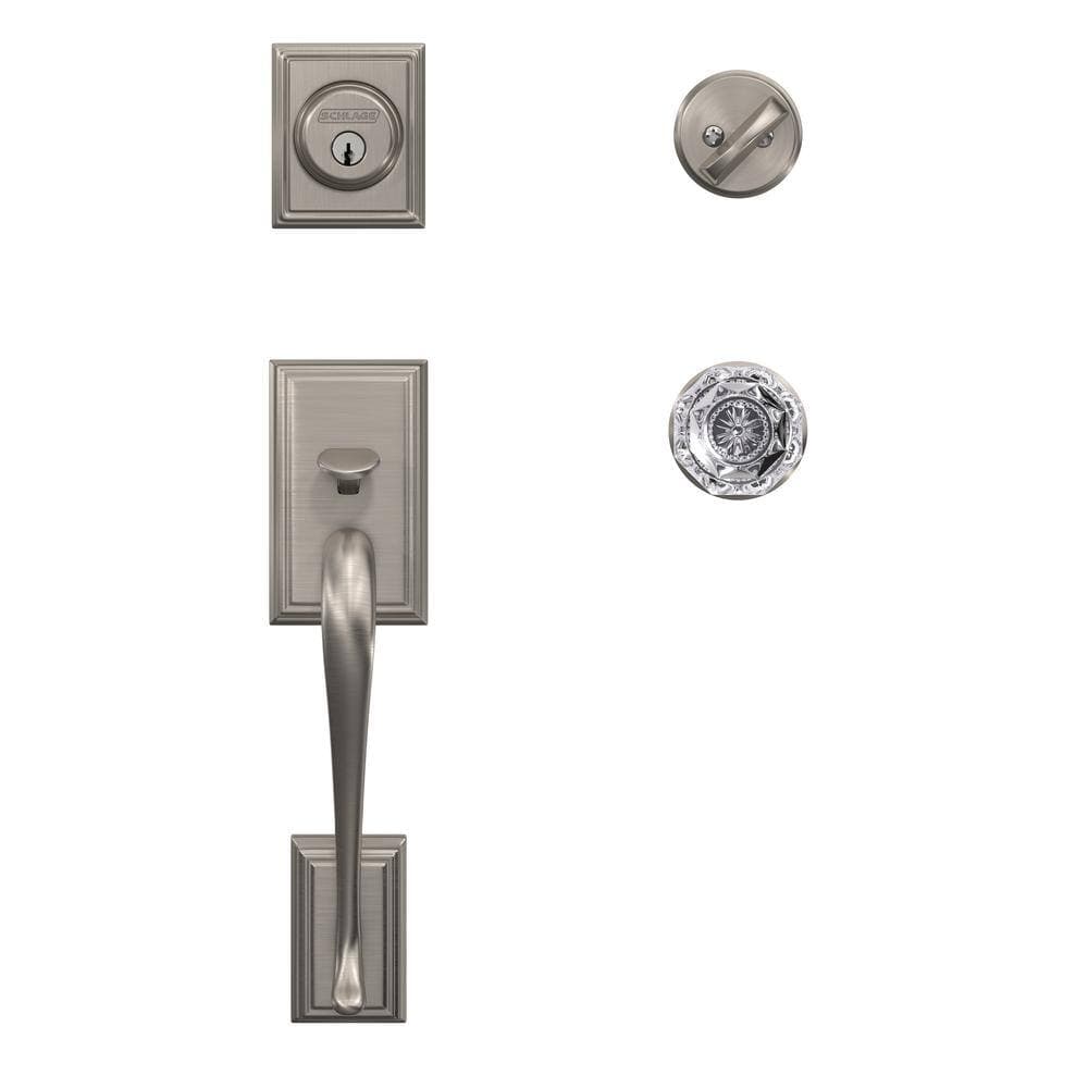 Schlage Custom Addison Satin Nickel Single Cylinder Door Handleset with Alexandria Glass Door Knob and Alden Trim (2)