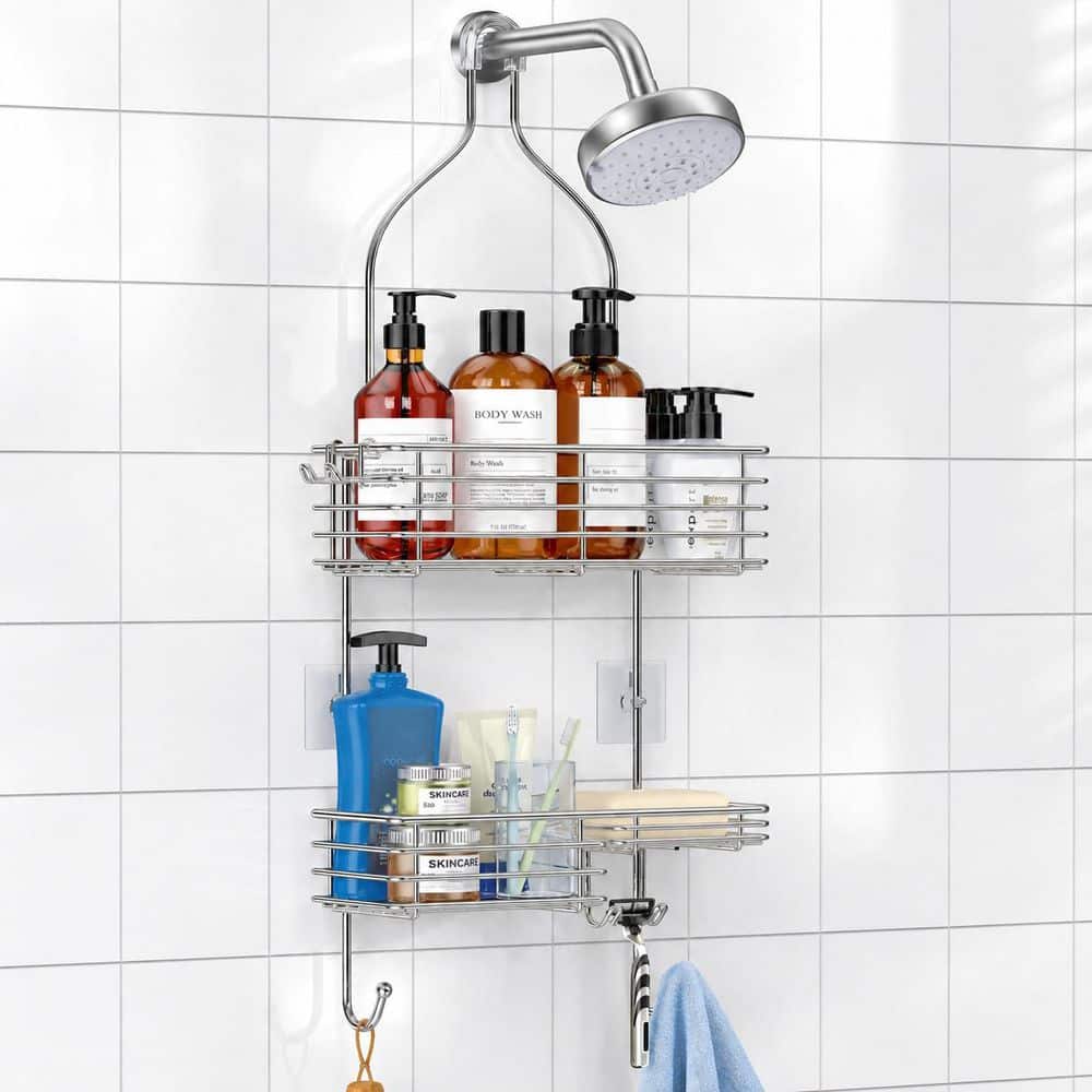 Anqtovp Stainless Steel Over The Storage Hanging Shower Head Caddy in Silver, Rustproof Bathroom Shower Shelf Organizer (2)