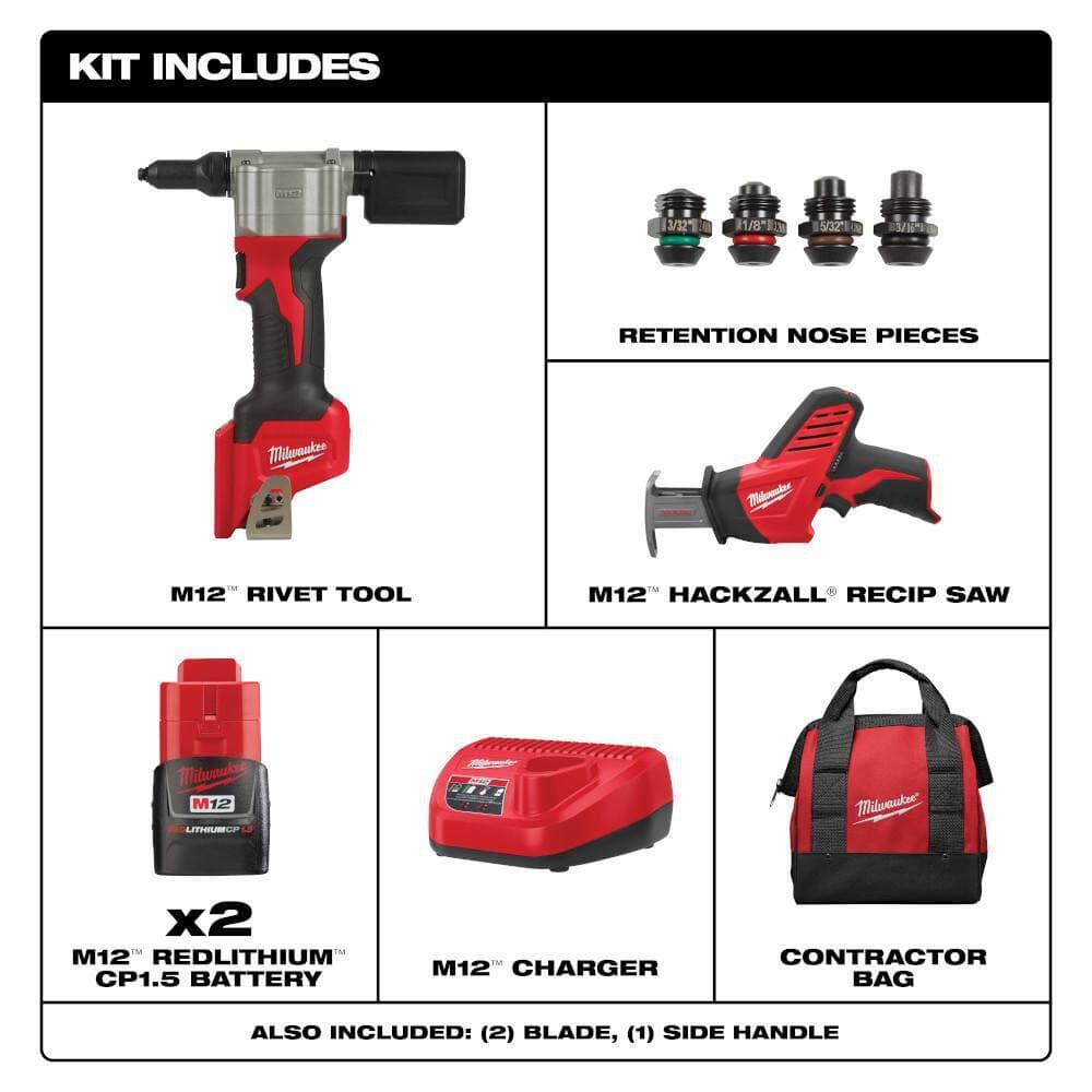 Milwaukee M12 12-Volt Lithium-Ion Cordless Rivet Tool Kit with (2) 1. 5Ah Batteries, Charger & M12 HACKZALL Reciprocating Saw (2)