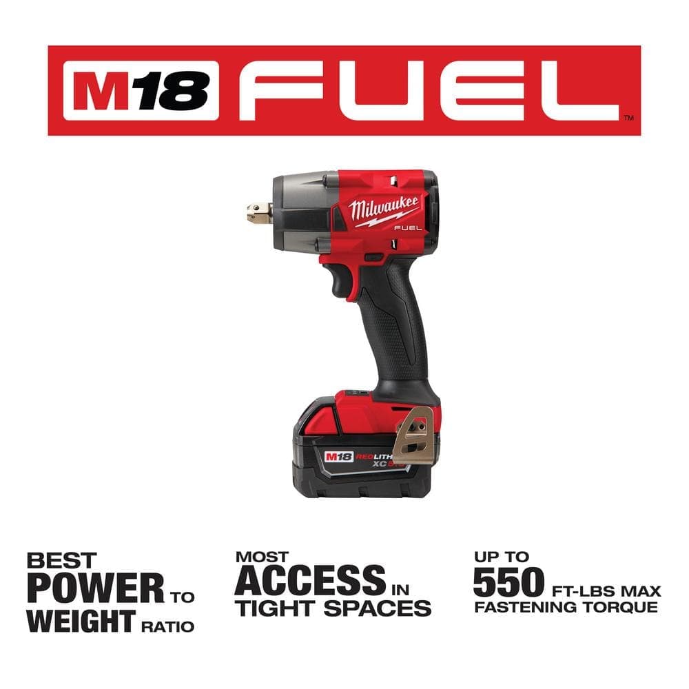Milwaukee M18 FUEL 18-Volt Lithium-Ion Brushless Cordless . Mid-Torque Impact Wrench w/P Detent Kit, (3) Resistant Batteries (3)