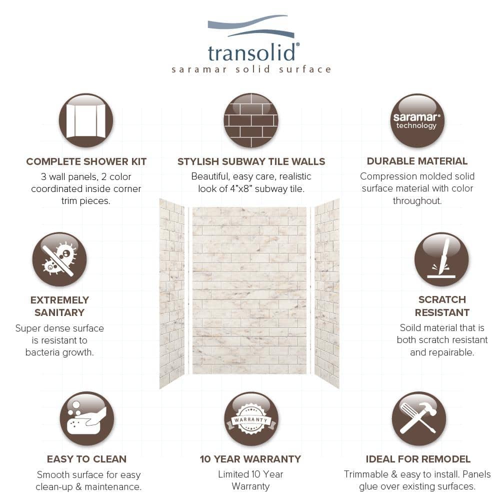 Transolid SaraMar 36 in. x 48 in. x 72 in. 3-Piece Easy Up Adhesive Alcove Shower Wall Surround in Biscotti Marble (3)