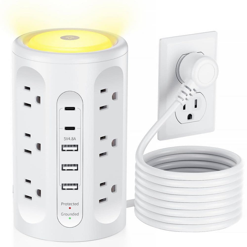 Lukyamzn Power Strip Tower 10 ft. 12-Outlet 5-Ports Surge Protector with Night Light and Space-Saving Vertical 1800J Protection
