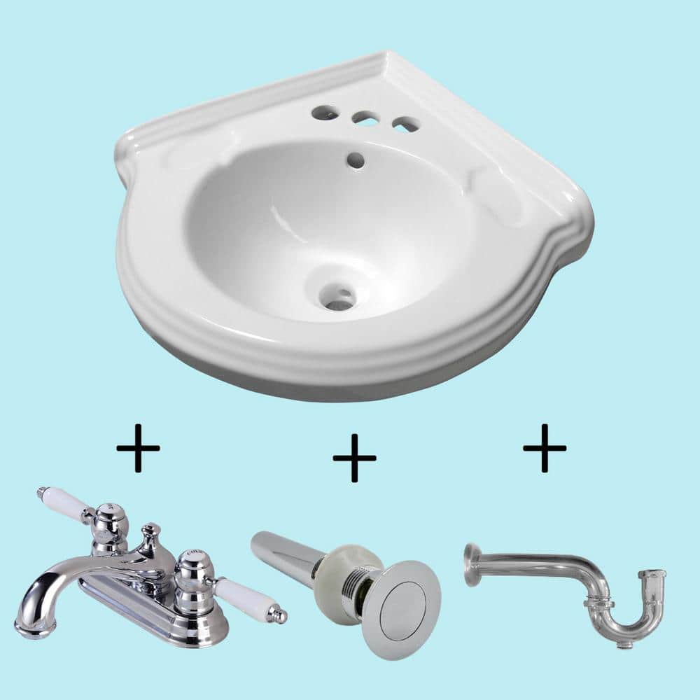 RENOVATORS SUPPLY MANUFACTURING Portsmouth 22 in. Corner Wall Mounted Bathroom Sink Combo in White with Overflow P-Trap Faucet and Drain (3)